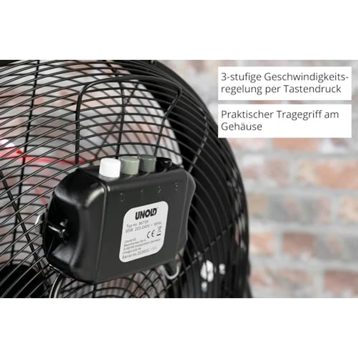 Unold Windmaschine Black Steel 86735, 3-stufig, Metall-Standfuß, verstellbarer Neigungswinkel, Korbdurchmesser 50 cm, 65 W, schwarz – Bild 4