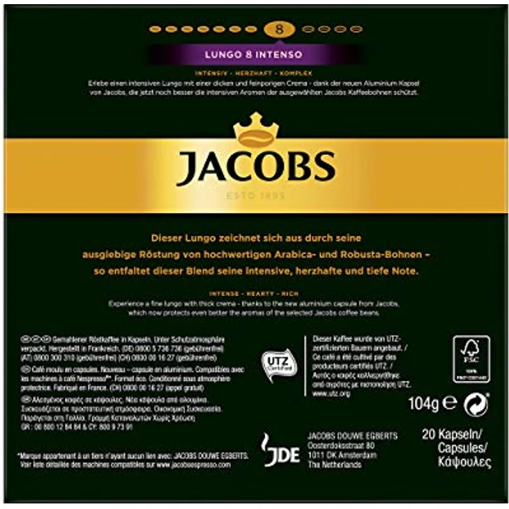 Jacobs Lungo 8 Intenso, Kaffeekapseln, Nespresso Kompatibel, Kaffee, 20 Kapseln, á 5.2 g – Bild 2