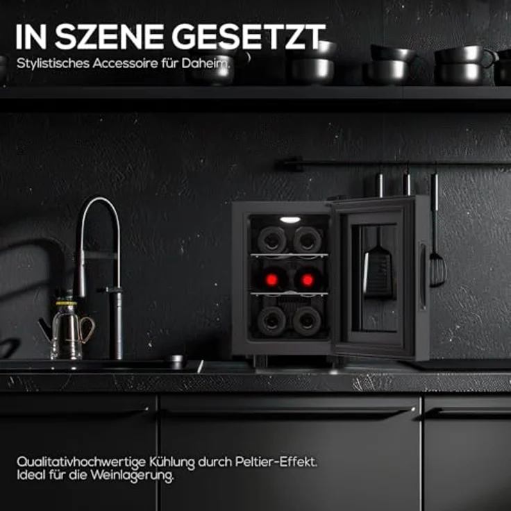 Tronitechnik® Weinkühlschrank Montpellier, Mini-Kühlschrank 17 Liter, 6 Flaschen, LED Licht, freistehend, Edelstahl – Bild 4