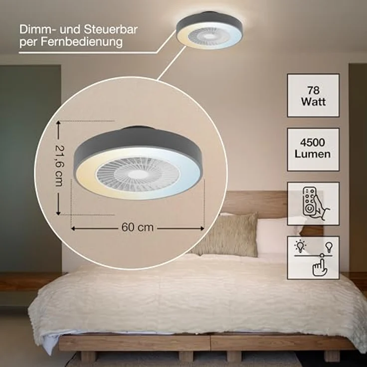 Osram Deckenventilator WiFi mit LED Lampe, dimmbar, 2500 Lumen, Farbtemperatur 3000-6500K, grau, 78W, Fernbedienung und App-Steuerung – Bild 2