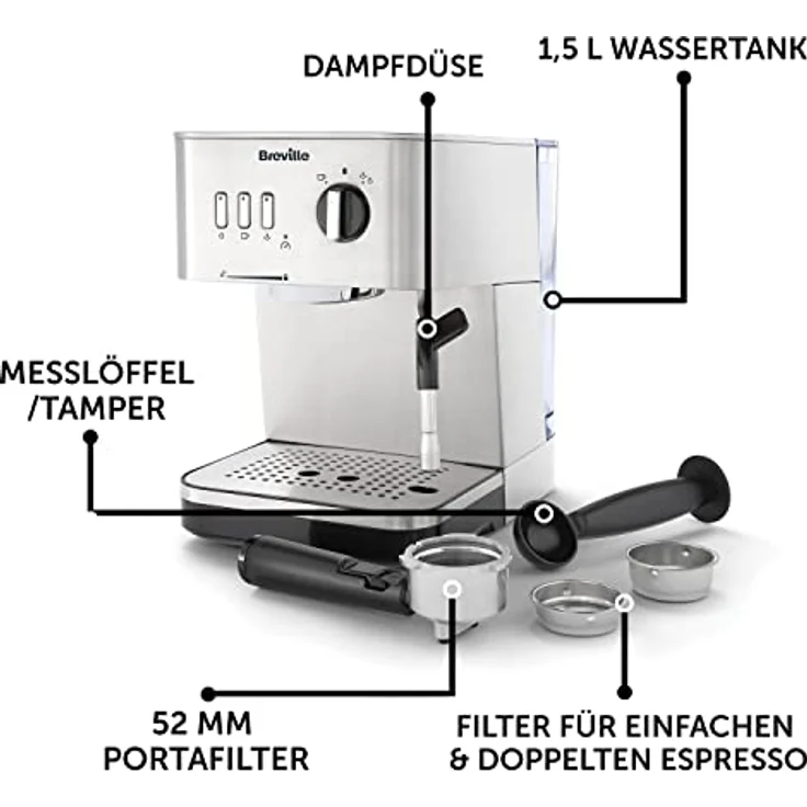 Breville Bijou Barista VCF149X, Automatische Espressomaschine mit 15-Bar-Pumpe, Dampfdüse für mikroschaumige Milch, Silber – Bild 6