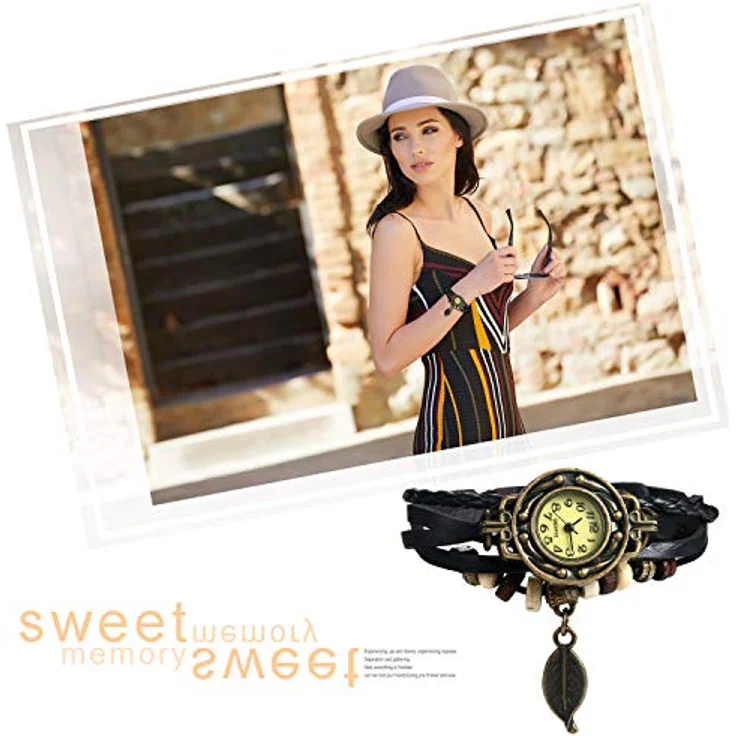 JewelryWe Damen Armbanduhr, Retro geflochtenes Lederarmband mit Baum Blatt Anhänger, Schwarz, Quarzwerk und antikem Metallgehäuse – Bild 2