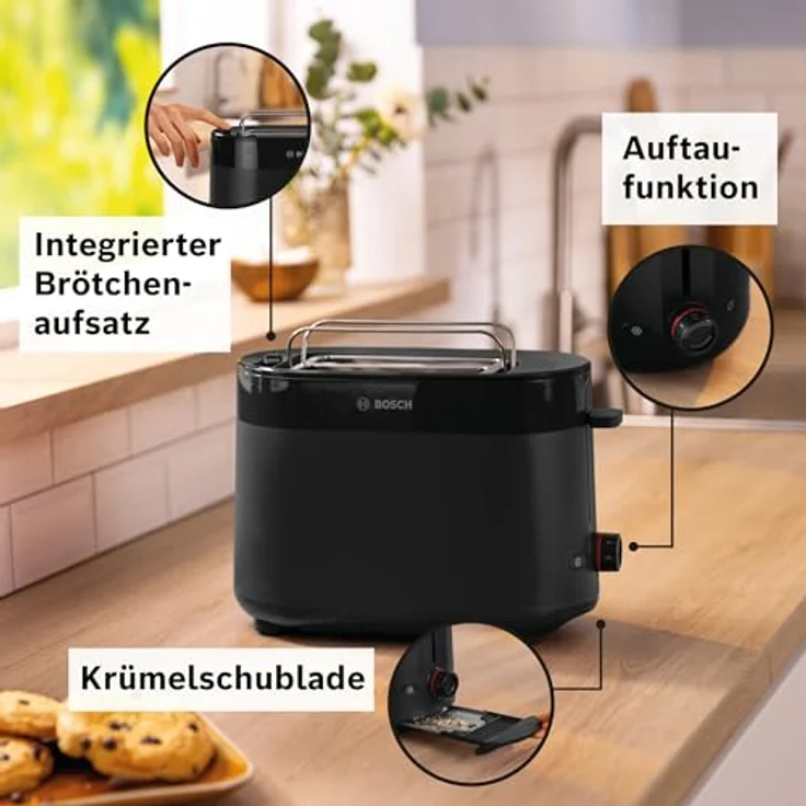 Bosch Kompakt Toaster MyMoment TAT2M123, integrierter Brötchenaufsatz, mit Auftaufunktion, mit Abschaltautomatik, Liftfunktion, Brotzentrierung, perfekt für 2 Scheiben, 800 Watt, Schwarz matt – Bild 3