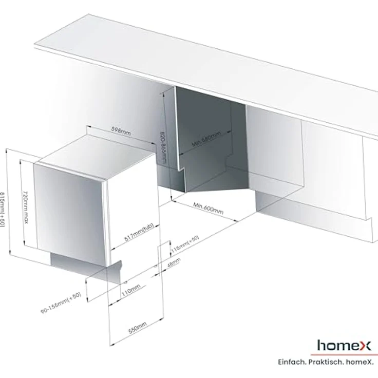 homeX DWFI601442A Geschirrspüler 60 cm, vollintegrierbar, 14 Maßgedecke, 8 Programme, leise mit 42 dB, Energieeffizienzklasse A – Bild 5