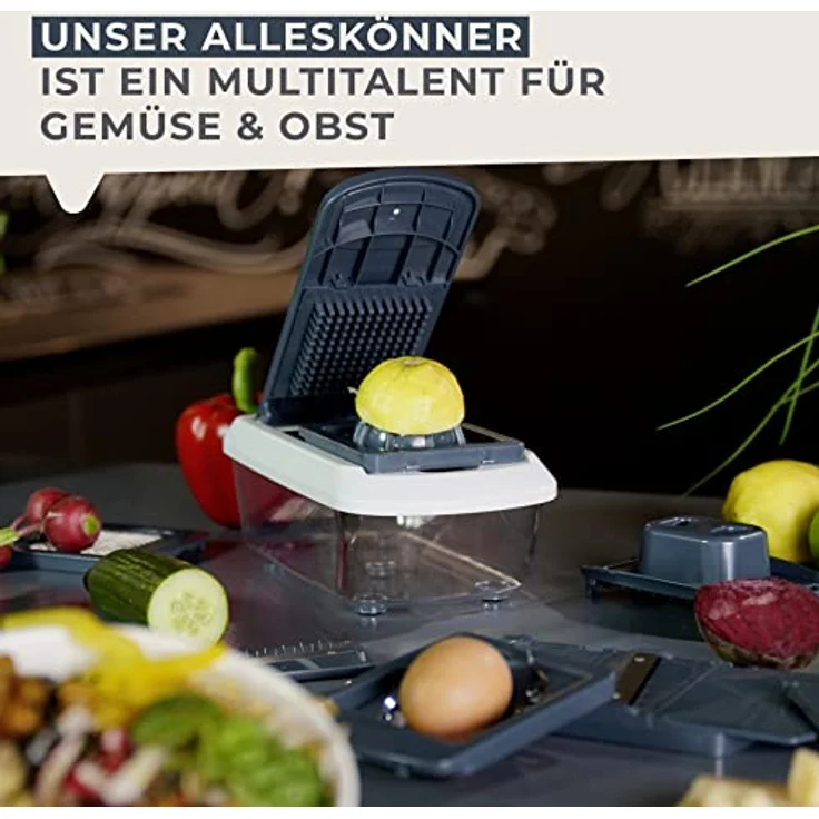 FACKELMANN Multi-Schneider #easyprepare, hochwertiger Multizerkleinerer, Gemüsezerkleinerer mit 11 verschiedenen Aufsätzen, sicherer Halt durch Anti-Rutsch-Füße (Farbe: Weiß-Blau-Grau), 1 x 16 Teile – Bild 4