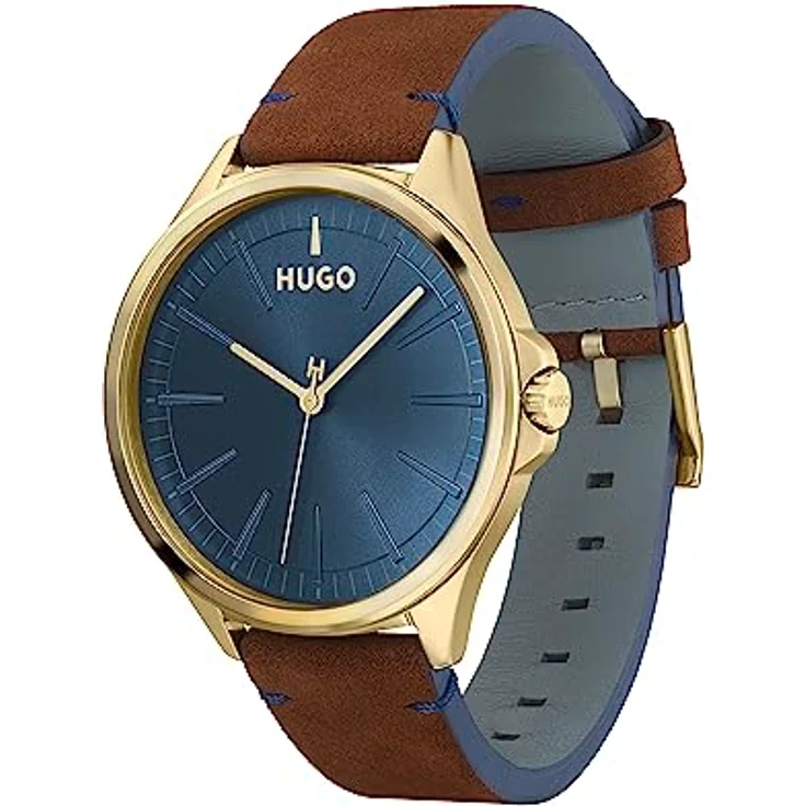 HUGO #Smash, Analog Quarzuhr für Herren mit blauem Sonnenstrahlen-Zifferblatt und braunem Lederarmband, 43 mm, wasserabweisend bis 5 bar – Bild 2