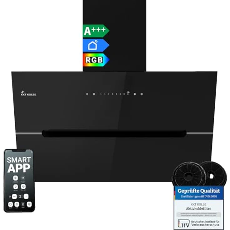 KKT KOLBE ECCO8005SM Dunstabzugshaube 80 cm, 782 cbm/h, kopffrei, Wandhaube, Schwarz Glas, Smart WiFi App, RGBW-LED-Beleuchtung, Energieeffizienzklasse A+++ – Bild 1