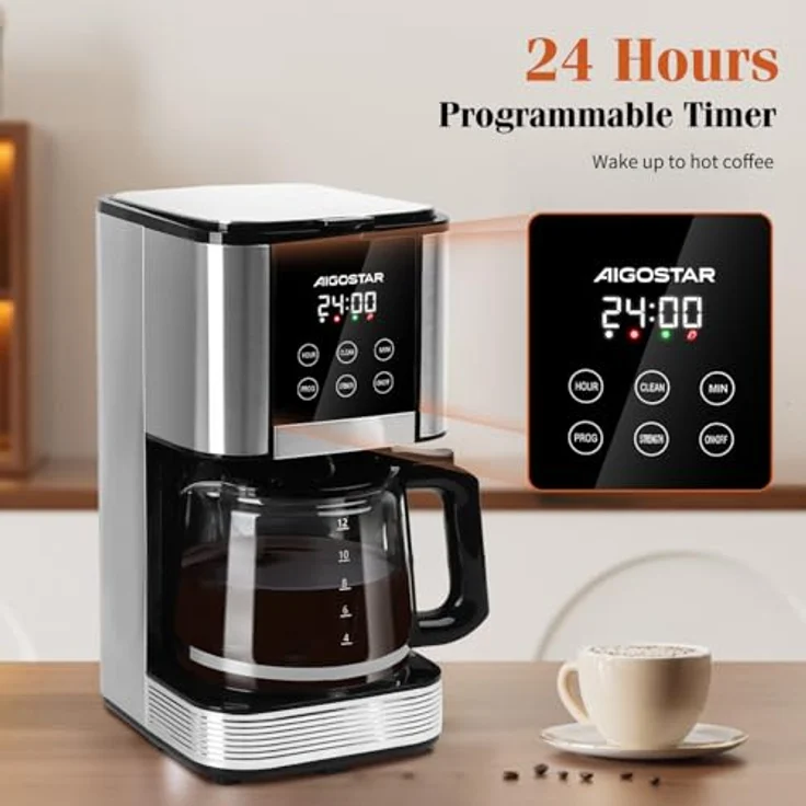 Aigostar Kaffeemaschine mit Mahlwerk und 60g elektrischer Kaffeemühle, programmierbar 24h, 1,5L, 1000W, Tropf-Stopp, AutoClean, Warmhaltefunktion – Bild 4