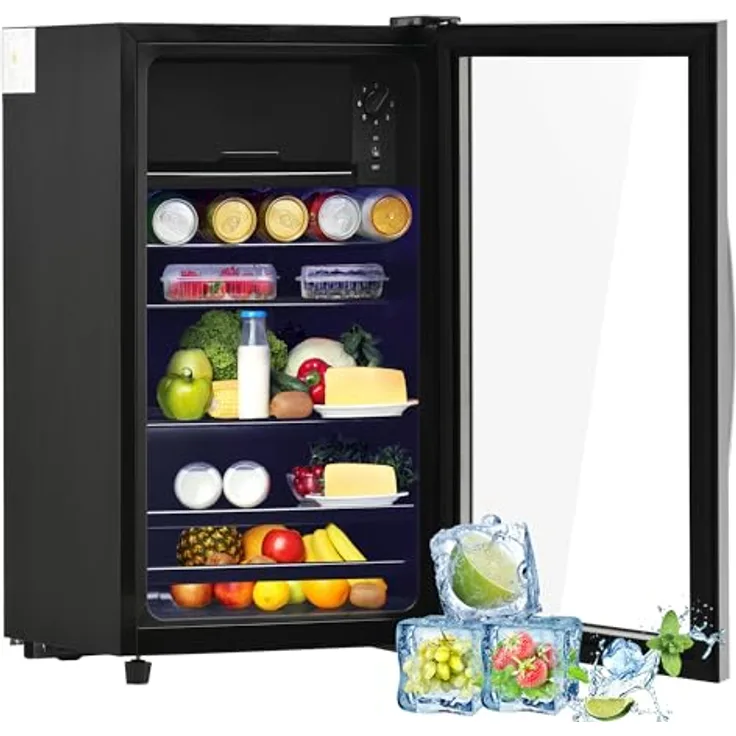 Merax 76L Kühlschrank, 70 l Kühl- und 6 l Gefrierkapazität, leise Kühlung, 51 Dosen Kapazität, anpassbare Einlegeböden, schwarzes Design, [Energieklasse F]