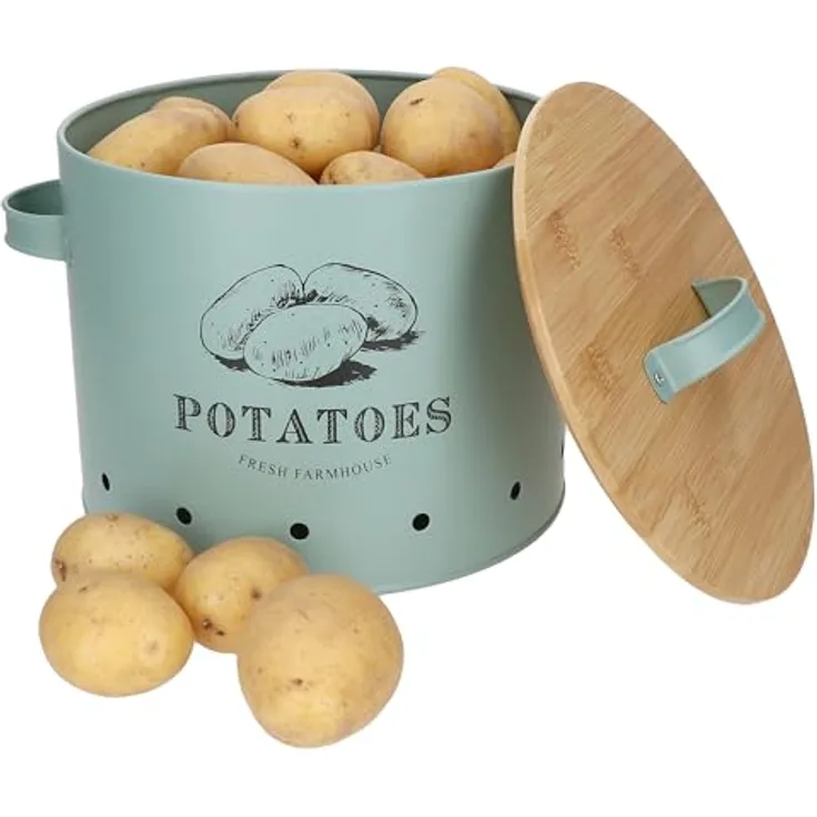 MamboCat Kartoffeltopf Fresh, Metall-Dose mit Bambusdeckel in Mint, 6,5 Liter Fassungsvermögen, Belüftungslöcher für optimale Luftzirkulation