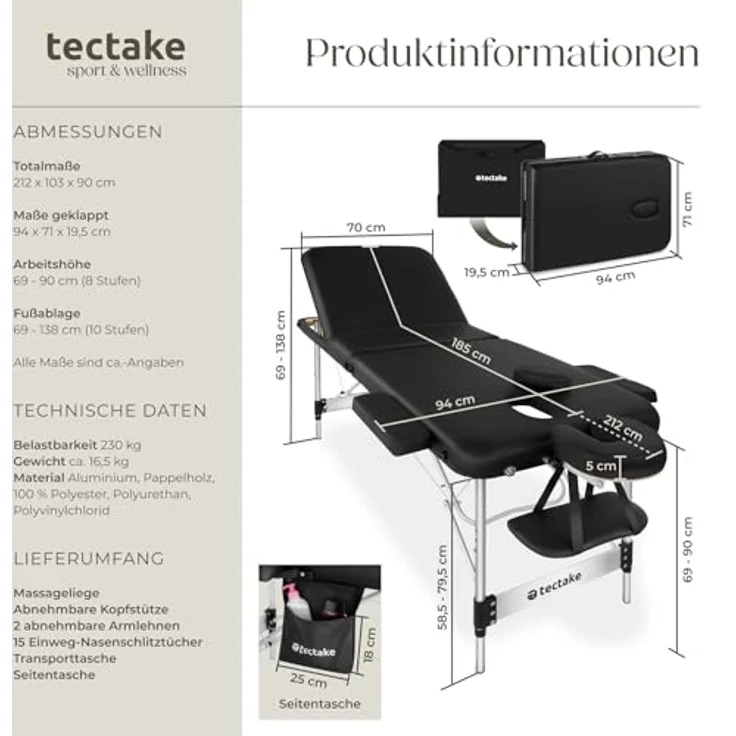 Tectake Massageliege 3 Zonen Massageliege (Set, 1-St., mit Tragetasche), Breite 70 cm, Polsterung 5 cm, Aluminiumgestell, höhenverstellbar, inklusive 15 Einweg-Nasenchlitztücher, grau – Bild 6