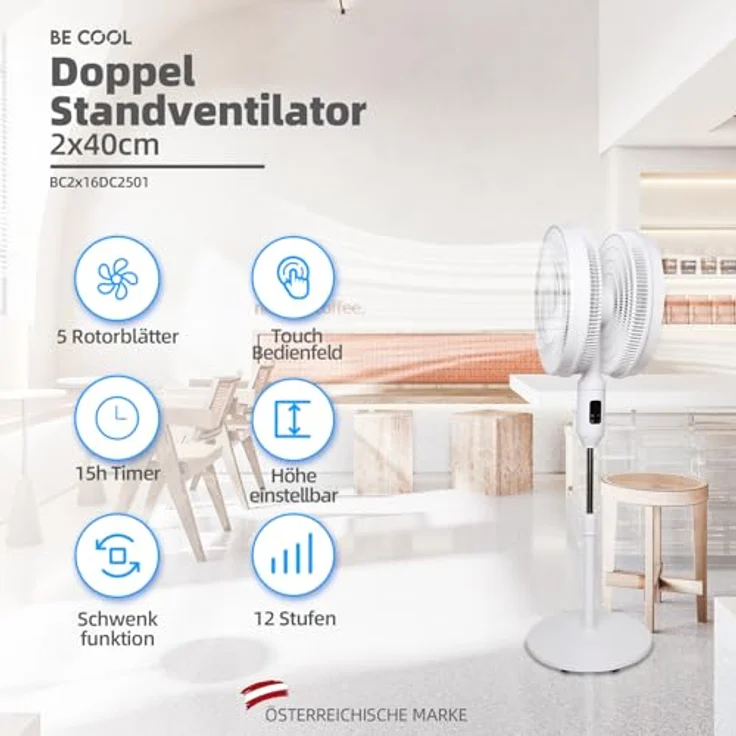 Be Cool Doppelkopf-Standventilator 2x45cm, Leise & leistungsstark mit 12 Geschwindigkeitsstufen, Timer und Fernbedienung, Weiß – Bild 2