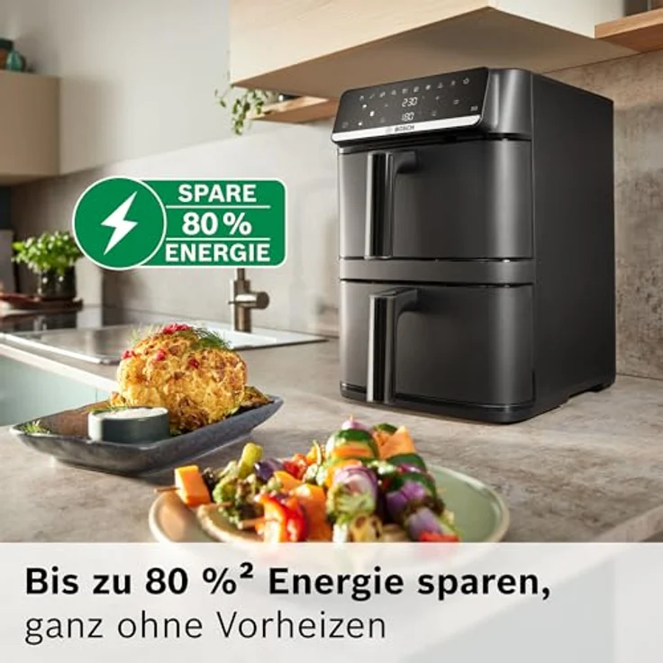 BOSCH Heißluftfritteuse Serie 6 MAFD661B0, XXL, 12L, PFAS-frei, Doppelkammer, 2800 W, platzsparend, einfache Reinigung, 6 Programme, schwarz – Bild 5