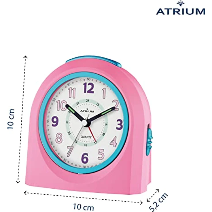 Atrium Kinder Wecker Analog Quarz mit Licht und Snooze, Rosa Türkis, 4-stufig ansteigendes Wecksignal, LED-Nachtlicht, 10x10x5 cm – Bild 3