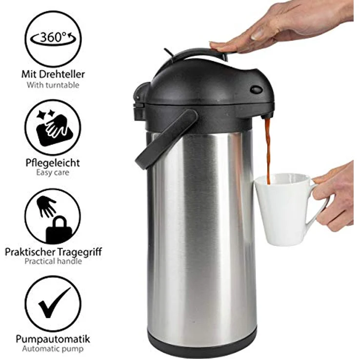 ONVAYA Airpot Pumpkanne 5 Liter Isolierkanne Thermoskanne Getränkespender Edelstahl mattiert Kaffeekanne Doppelwandig – Bild 3