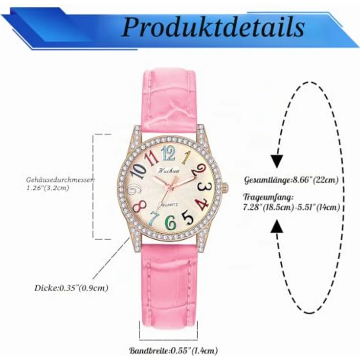 JewelryWe Damen Analog Quarz Armbanduhr, Glitzer Strass Zifferblatt mit bunten arabischen Zahlen, rosa Lederarmband, 10m wasserdicht – Bild 5