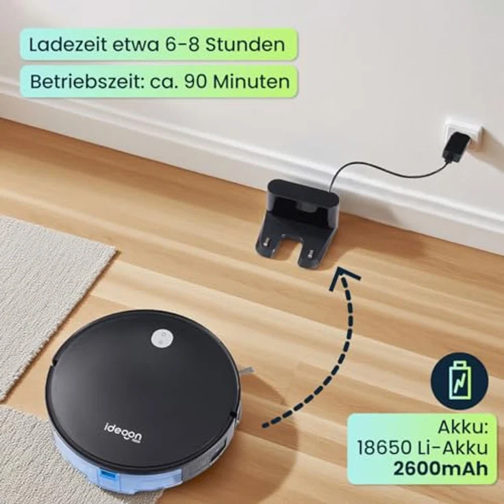 shop'n smile ideoon 3in1 Saugroboter mit Wischfunktion, App-Steuerung, bis 120 m², 3 kPa Saugkraft, beutellos, bürstenloser Motor, leise mit 63 dB – Bild 8