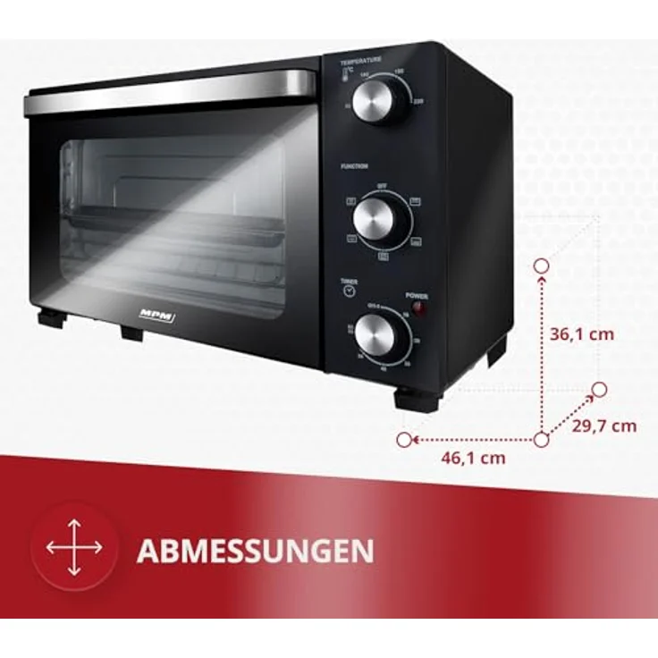 MPM MPE-14/T Mini Backofen 22L - Elektrobackofen 1300W mit Umluft und Doppelglas-Tür, Weiß – Bild 2