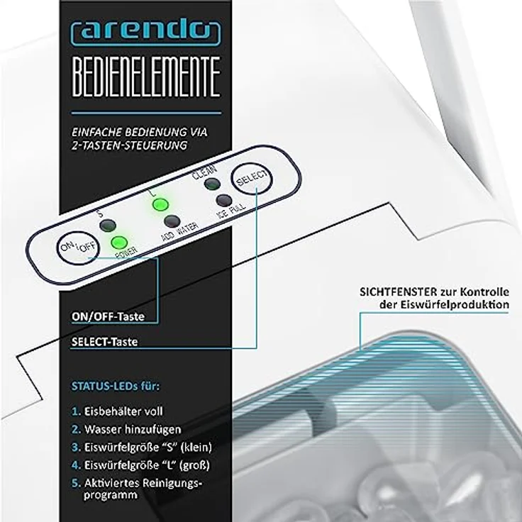 Arendo - Eiswürfelmaschine Edelstahl - Testsieger 2021 - Eiswürfelbereiter - Eiswürfelautomat - mit Kühlung - Eiswürfel Größen Klein, Groß - ABS - BPA frei, Silber – Bild 4