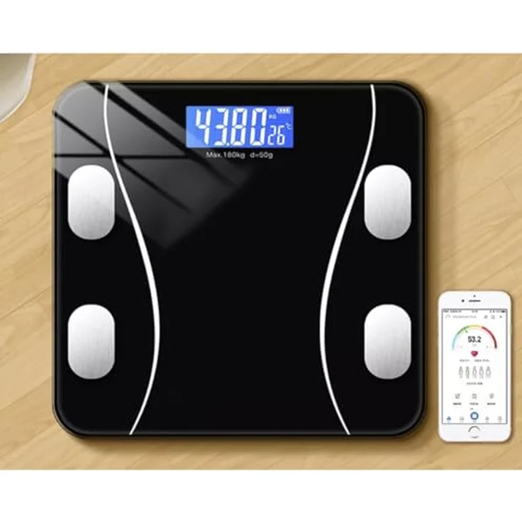 Ruhhy Personenwaage 22525, bis 180 kg, LCD-Anzeige, Bluetooth, hochpräzise Sensoren, schwarzes hartes Glas – Bild 3