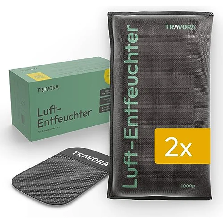 TRAVORA Luftentfeuchter Kissen 2x 1 kg mit Anti-Rutsch Pad - wiederverwendbar - Auto Innenraum - extra groß, Schwarz – Bild 1