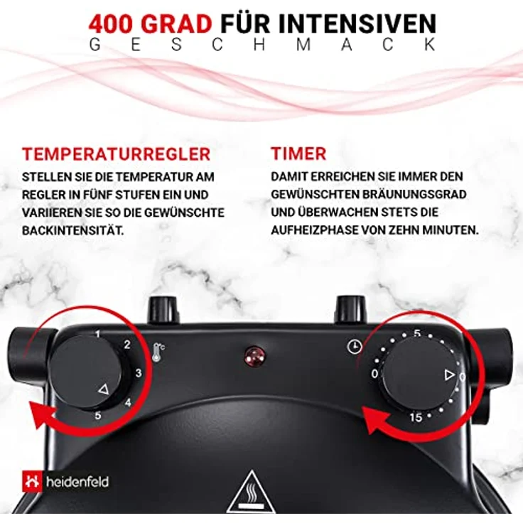 Heidenfeld elektrischer Pizzaofen Napoli 1.200 Watt, max. 400°C, Drehregler, Überhitzungsschutz, Sichtfenster, schwarz  – Bild 6