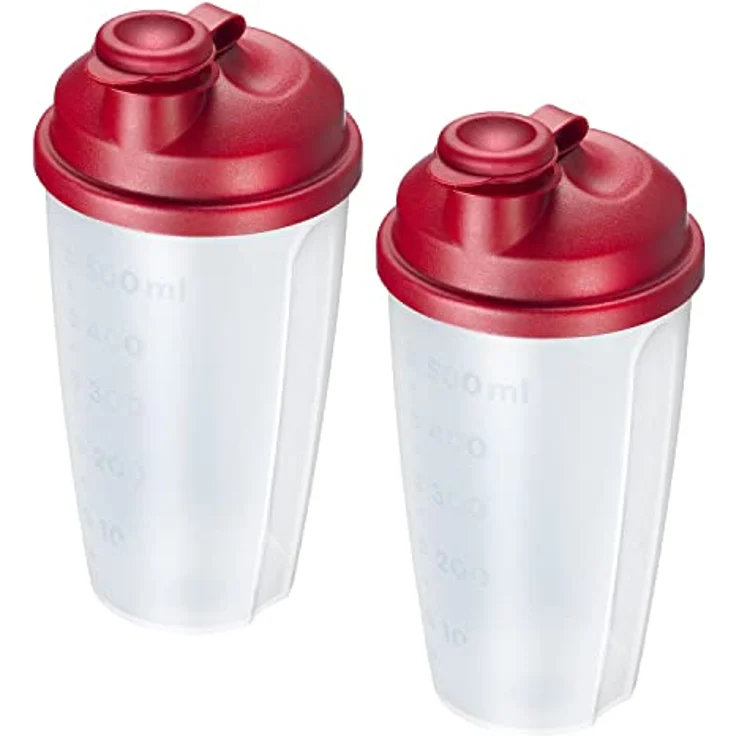 Westmark 2 Mix- und Schüttelbecher/Dressingshaker, 0,5l, BPA-frei, transluzent/rot, mit Mess-Skala, herausnehmbarer Mixscheibe und verschließbarem Ausgießer – Bild 1