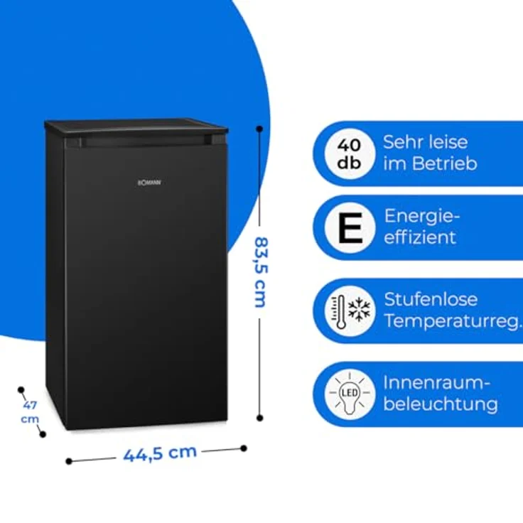 Bomann® Fridge KS 7254, Kühlschrank mit Gefrierfach, 91L, 2 Ablagen, Gemüsefach, wechselbarer Türanschlag, leise, schwarz – Bild 4