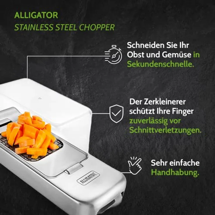 ALLIGATOR 3094 - Edelstahl-Multifunktionsschneider Mit Auffangbox - Gemüse- Zwiebel- und Pommesschneider - 3 Austauschbare Klingen - 3x3 mm 6x6 mm & 12x12 mm - BPA-frei – Bild 5
