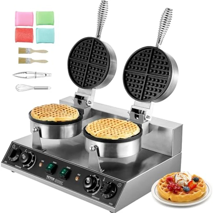 VEVOR kommerzielles Waffeleisen rundes Waffeleisen mit Doppelkopf 2460 W, belgisches Waffeleisen mit antihaftbeschichteten Backfläche, Temperatur- und Zeitregelung – Bild 1