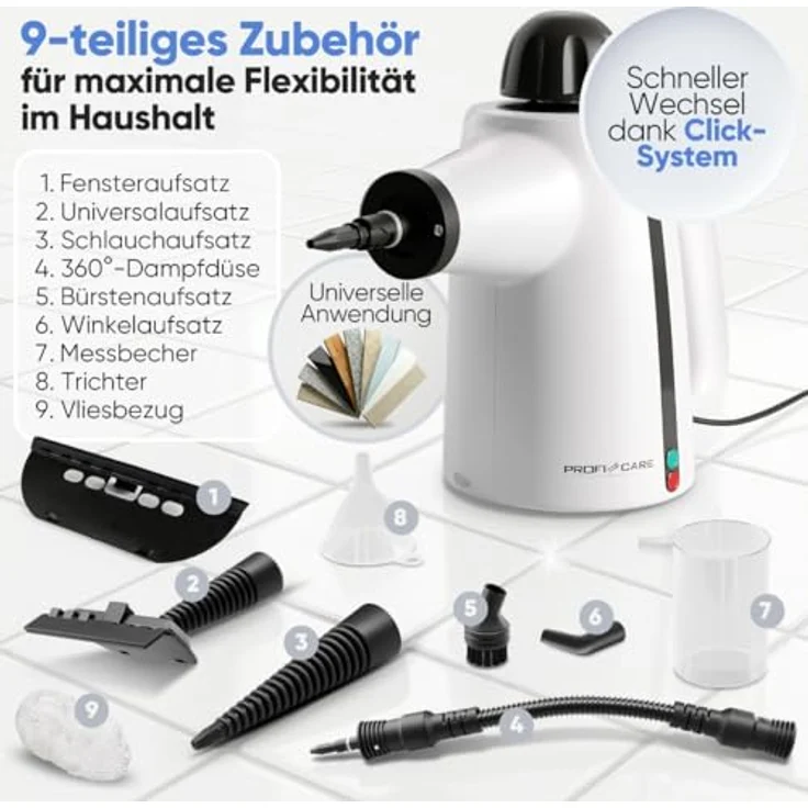 ProfiCare Dampfreiniger Handgerät PC DR 3145, 3,7 bar, 105°C, 1050W, mit 5m Kabel & 9-teiligem Zubehör, desinfiziert, entfettet, für Auto, Küche, Bad, Polster – Bild 3