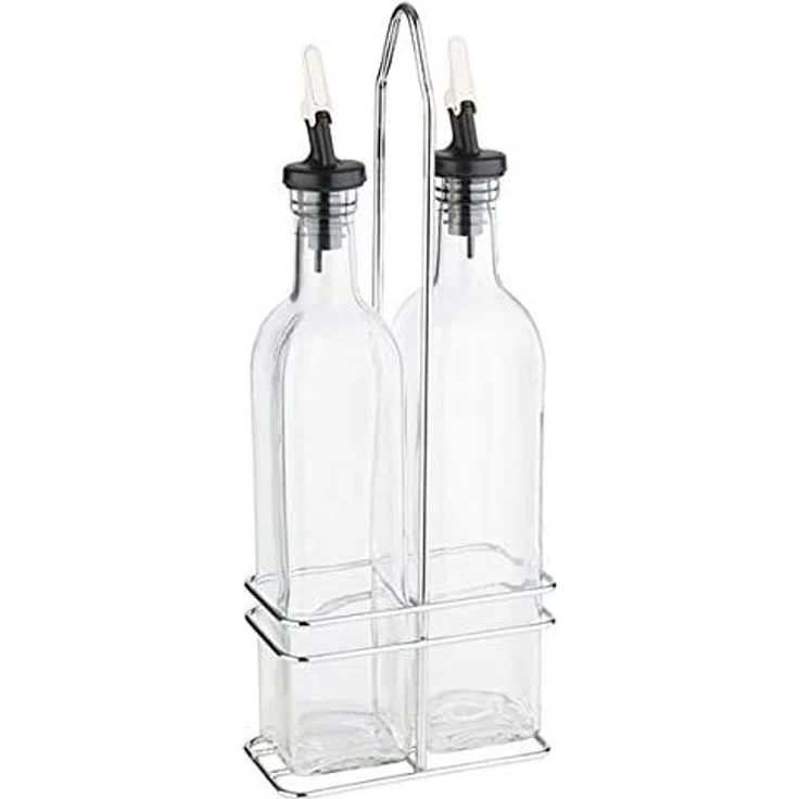 APS Essig- & Öl-Menage, Glasbehälter mit Deckel und tropffreiem PE-Ausgießer, 34 cm hoch, 0,5 Liter, verchromtes Edelstahlgestell – Bild 2