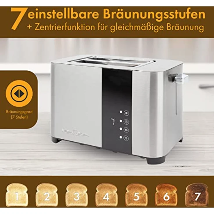 ProfiCook Toaster, Toaster 2 Scheiben mit Sensor Touch Bedienung, Auftau-, Aufwärm-/ Schnellstoppfunktion, Toaster mit Brötchenaufsatz, Toaster Edelstahl, PC-TA 1250 – Bild 2