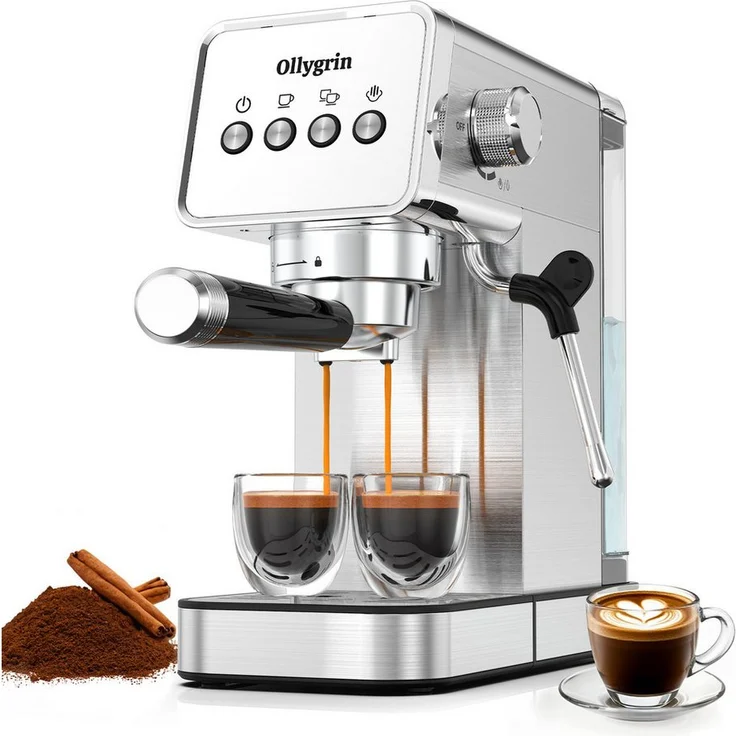 Ollygrin Espressomaschine 15-Bar, halbautomatische Edelstahl-Kaffeemaschine mit Milchaufschäumer und abnehmbarem 1,2-Liter-Wassertank, Silber