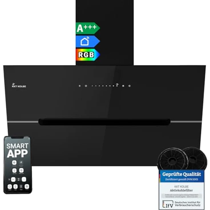 KKT KOLBE Dunstabzugshaube ECCO9005SM, 90 cm Kopffrei mit 782 cbm/h Umluft/Abluft, Smart WiFi, Schwarz Glas, RGBW-LED-Beleuchtung, Touch-Steuerung – Bild 1