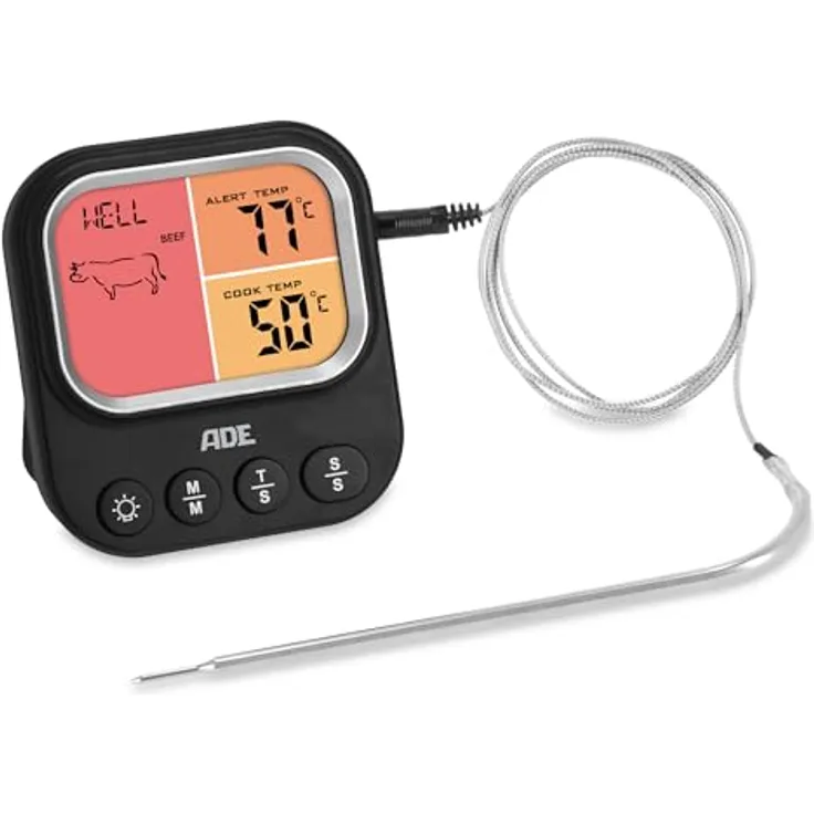 ADE Digitales Fleischthermometer mit 1 Sonde, Bratenthermometer bis 250 °C, ideal für Ofen, Grill und Airfryer, präzise Kerntemperaturmessung für 8 Fleischsorten, Timerfunktion, magnetische Befestigung