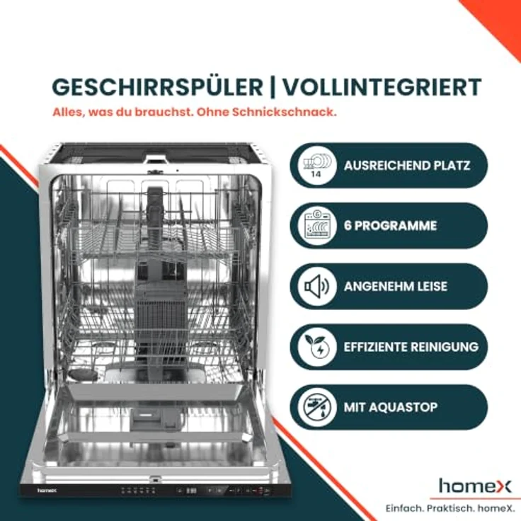 homeX DWFI601449E Geschirrspüler vollintegriert, 60 cm, 14 Maßgedecke, 6 Programme, leise mit 49 dB, Energieeffizienzklasse E – Bild 3