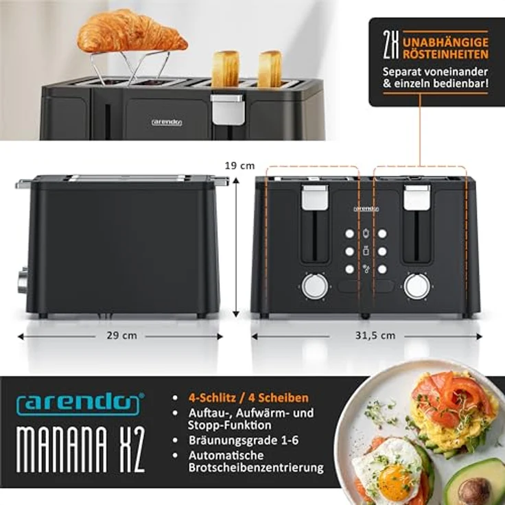 Arendo 4-Scheiben-Toaster Edelstahl, Display, 6 Bräunungsstufen, schwarz, herausnehmbare Krümelschublade – Bild 2