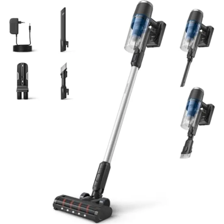 Philips Kabelloser Staubsauger Serie 3000, Leistungsstarke Saugleistung auf Hartböden, 60 Minuten Laufzeit, LED-Düse, Fugen- und Kombinationsdüse, Austauschbarer Akku (XC3032/01)