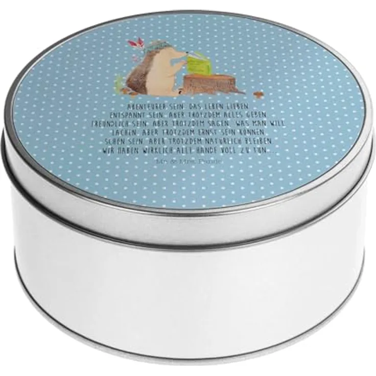 Mr. & Mrs. Panda Blechdose rund Igel Federschmuck - Blau Pastell - Metall Dose, Geschenkbox für Camping und Abenteuer