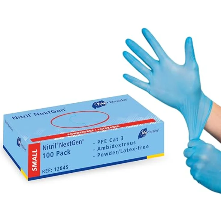 Nitril-Einmalhandschuh Meditrade NextGen extrem dehnbar S Gr. 6-6,5, puderfrei, hellblau, unsteril, 100 Stück/Box – Bild 2