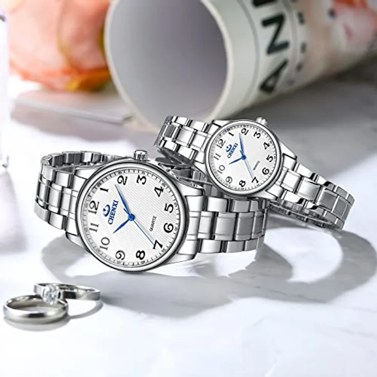 JewelryWe Paar Uhren Analog Quarz, 30M wasserdicht, Edelstahlarmband, klassisches Design mit digitalem Zifferblatt, weiß – Bild 5