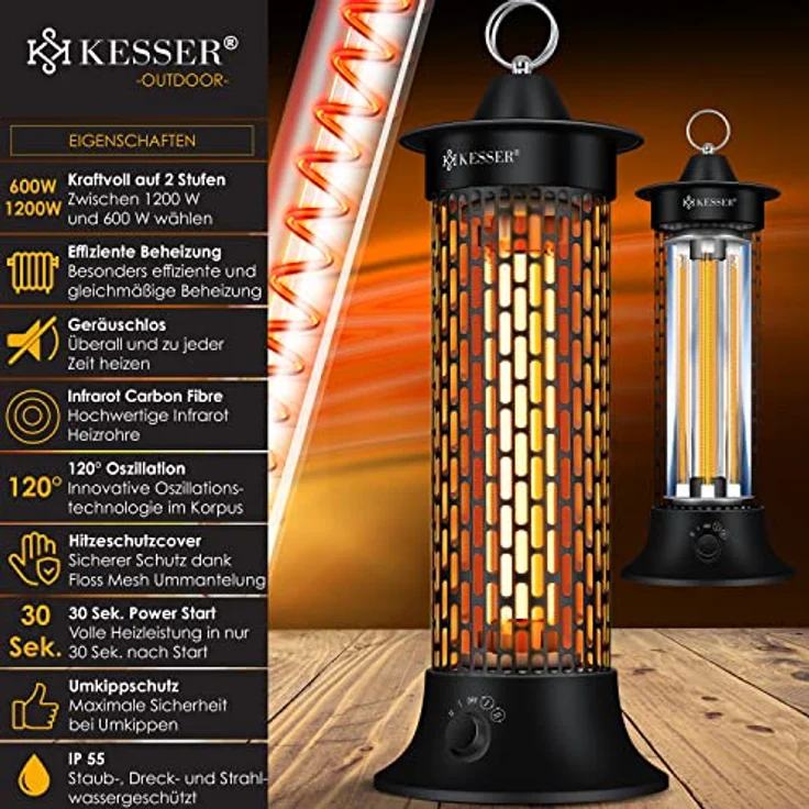 KESSER® Standheizstrahler Infrarotheizung, 1200W Heizstrahler Energieeffiziente Heizung Innenraum mit 360° Oszillation, Infrarotheizung Standgerät, Elektroheizung IP55, Terrassen-Heizstrahler, Schwarz – Bild 2