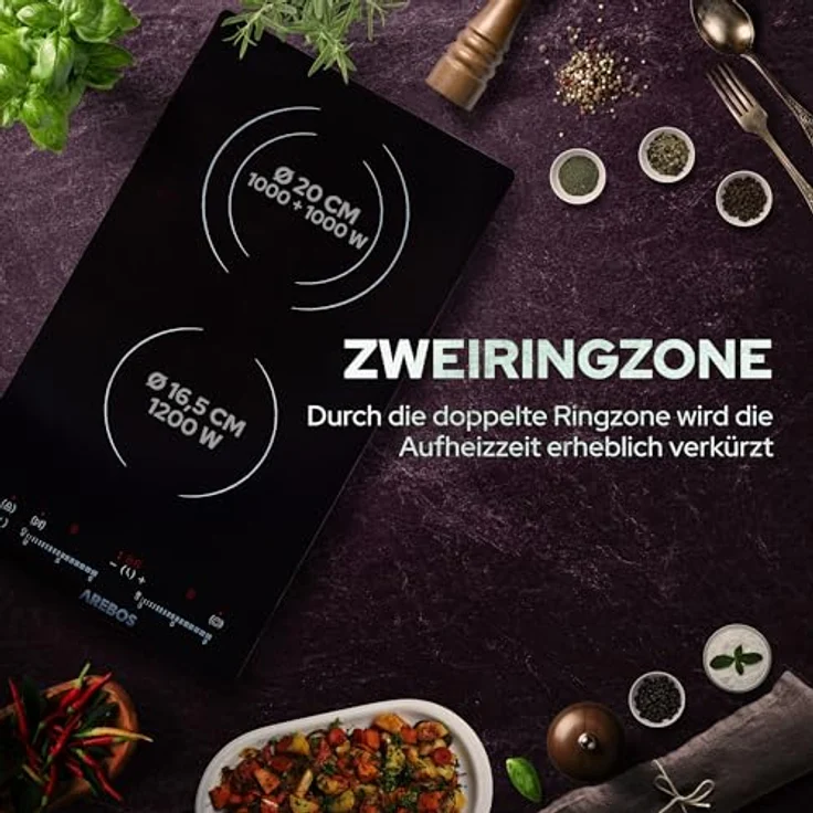 Arebos Glaskeramikkochfeld AR-HE-GK2NW, 2 Platten, 3200 W, 30 cm, mit Sensor-Touch Display, 9 Heizstufen, Kindersicherung, Timer, Überhitzungsschutz, Autoabschaltung, schwarz – Bild 4