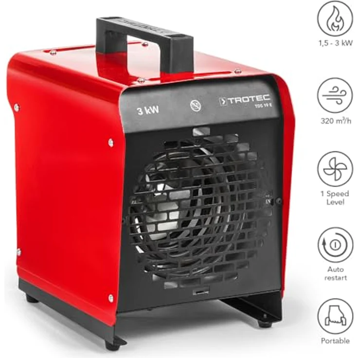 TROTEC Heizlüfter TDS 19 E – Bauheizer mit 1,5 kW / 3 kW Heizleistung, 320 m³/h Luftmenge, für Werkstatt, Industrie, Halle, Garage - rot – Bild 3