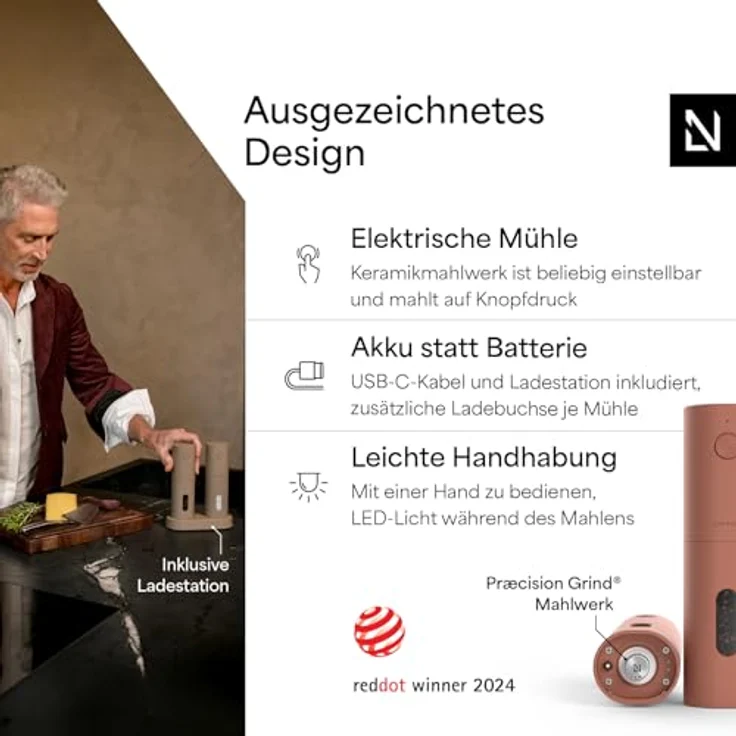 LARS NYSØM Elektrisches Salz und Pfeffermühlen Set, Keramikmahlwerk fein bis grob, USB wiederaufladbar mit Ladestation, Automatische Gewürzmühlen (Brick Red) – Bild 2