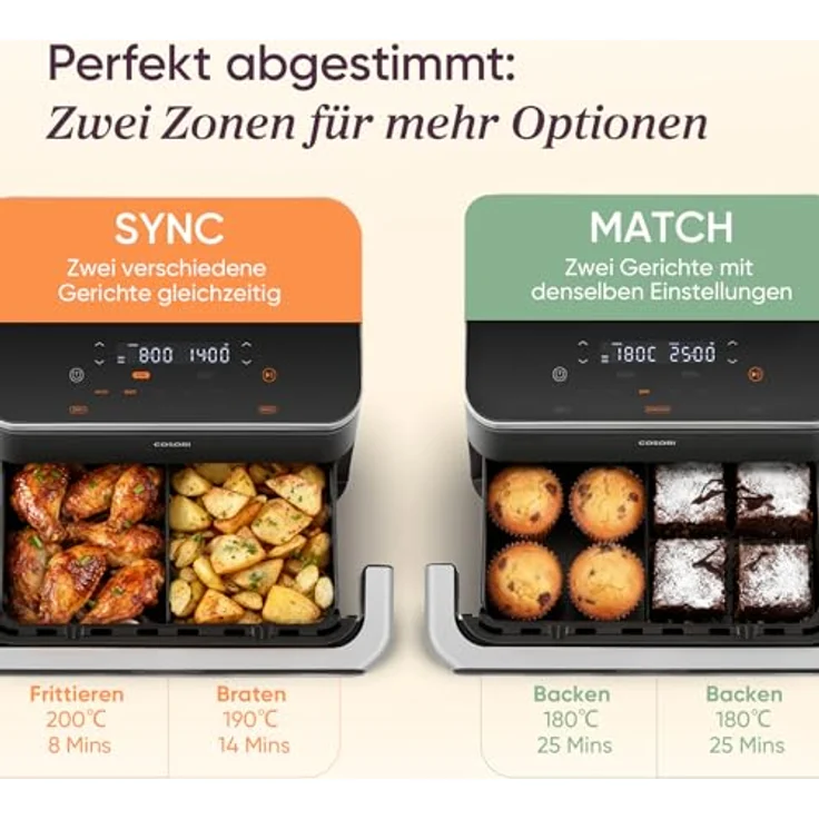 Cosori Dual Blaze TwinFry 10 Liter Heißluftfritteuse CAF-TF101S-AEU, 4 Heizelemente, 8 Portionen, WiFi-Steuerung, schwarz – Bild 8