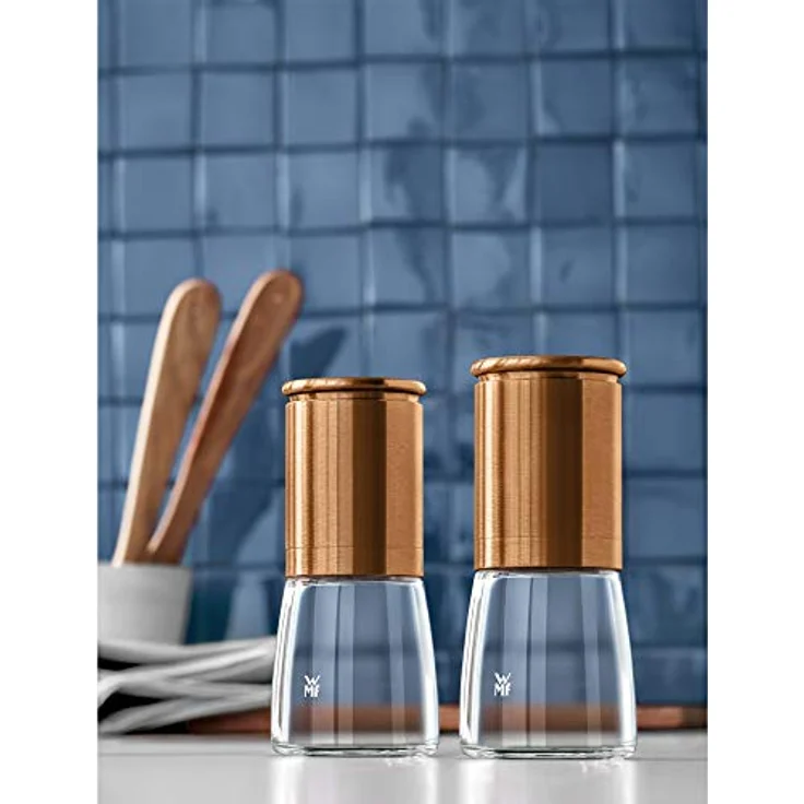 WMF De Luxe Salz und Pfeffermühle Set 2-teilig, unbefüllt, 14 cm, Cromargan Edelstahl, Glasbehälter, Keramikmahlwerk, Mühle für Salz, Pfeffer, Chillischoten – Bild 2