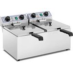 Royal Catering Fritteuse Edelstahl Doppel-Fritteuse RCTF-13DH (2 x 13 L, 2 x 3200 W, 230 V, 60–200 °C, Timer 60 min, inkl. 2 x Korb mit Deckel)