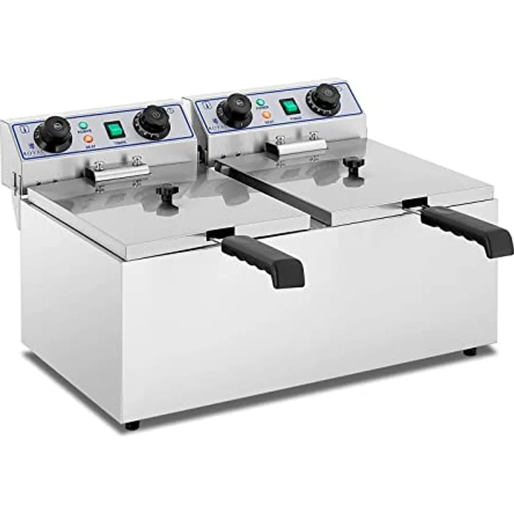 Royal Catering Fritteuse Edelstahl Doppel-Fritteuse RCTF-13DH (2 x 13 L, 2 x 3200 W, 230 V, 60–200 °C, Timer 60 min, inkl. 2 x Korb mit Deckel) – Bild 1